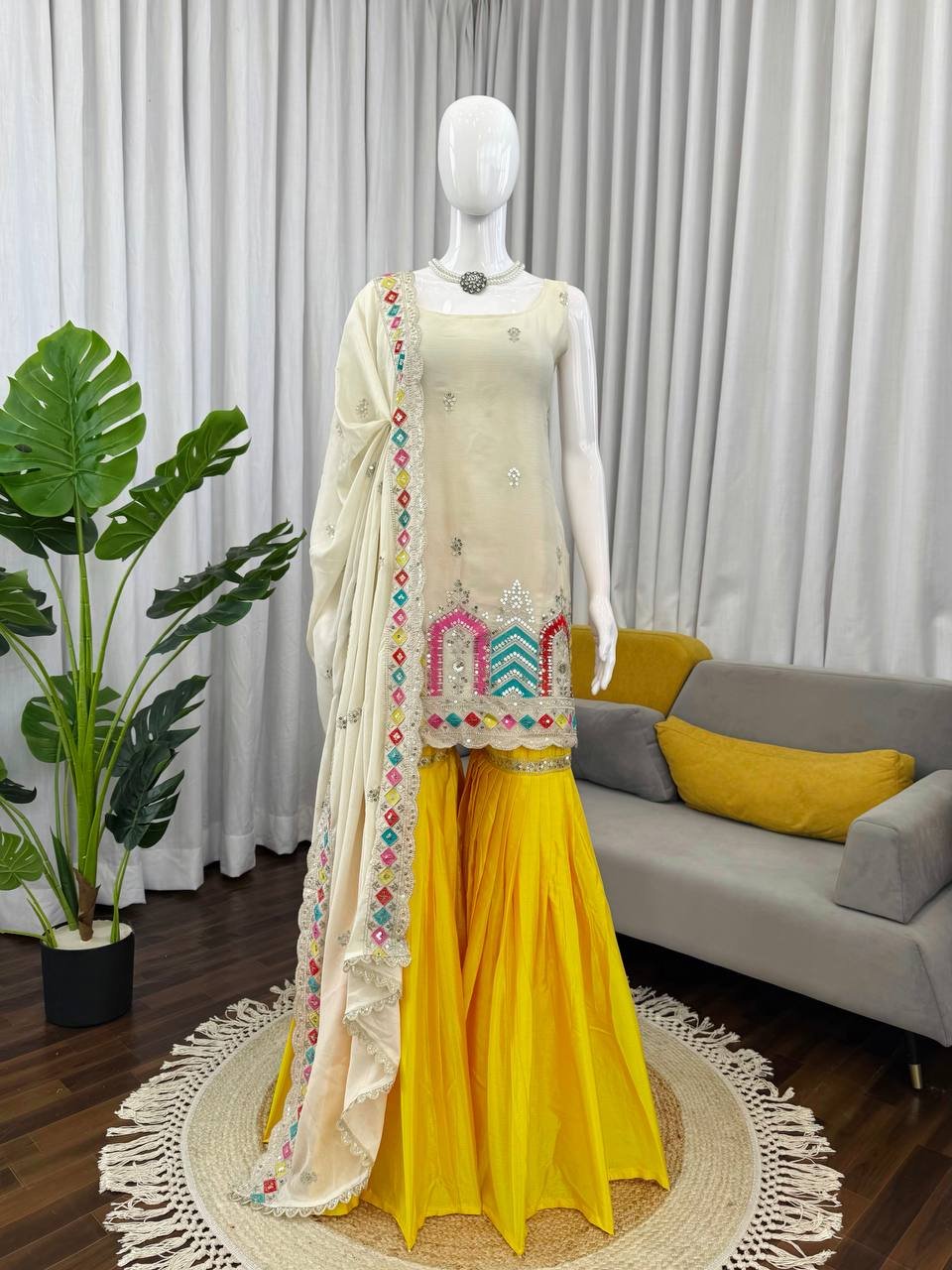 Yellow Chinnon Silk Sharara Suit with Dupatta