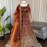 Brown & Purple Chinon Silk Anarkali Pant Set with Thread & Sequin Work