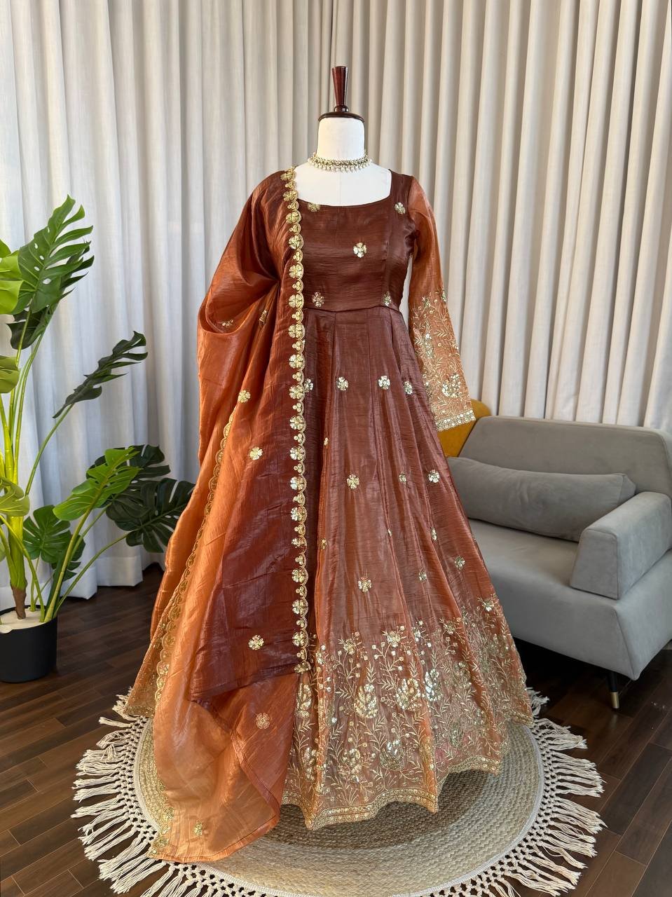 Brown & Purple Chinon Silk Anarkali Pant Set with Thread & Sequin Work