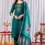 Viscose Silk Embroidery Straight Kurti Pant Dupatta Set