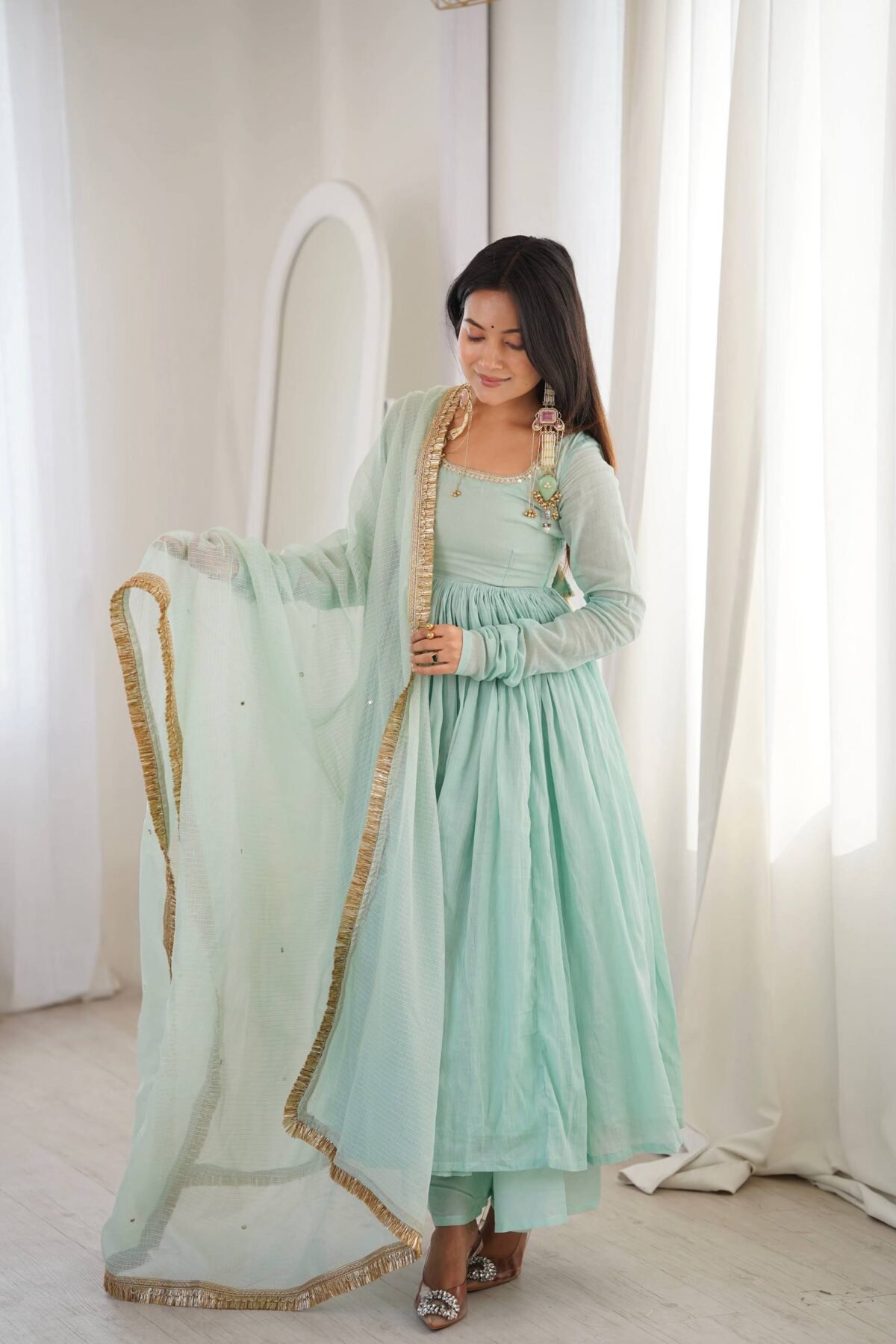 Sky Blue Heavy Faux Anarkali Suit with Lace Work & Kota Check Dupatta