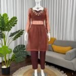Brown & Purple Organza Silk Mirror Work Kurti Pant Set
