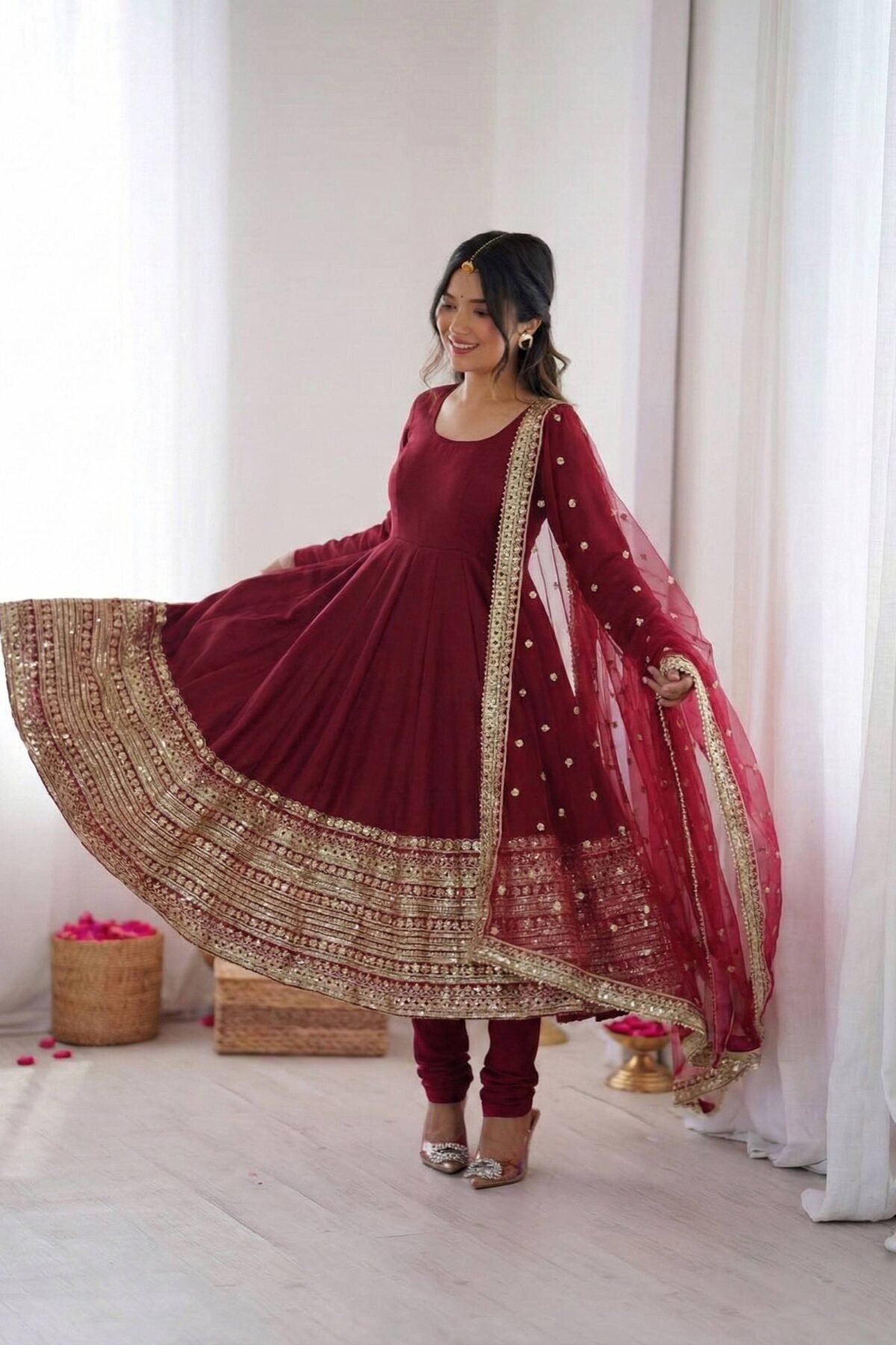 Roman Silk Designer Anarkali Suit with Heavy Flair & Net Dupatta
