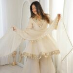 Beige Organza Silk Sharara Suit with Mirror Work Lace Border