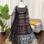 Black Digital Print Crepe Anarkali Suit with Pant & Net Dupatta