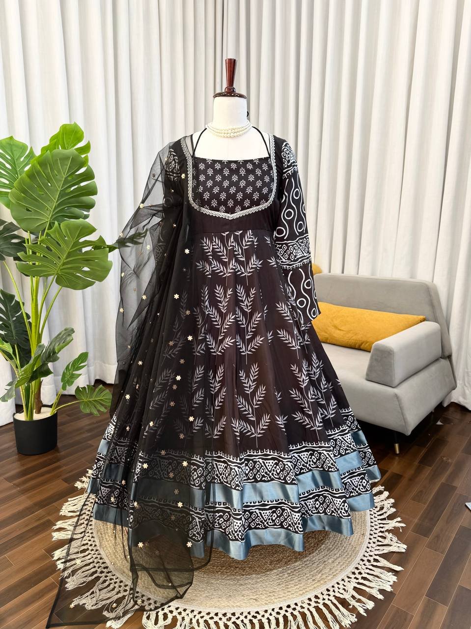 Black Digital Print Crepe Anarkali Suit with Pant & Net Dupatta