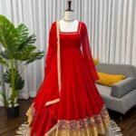 Red Blooming Georgette Anarkali Suit with Pant & Lace Dupatta