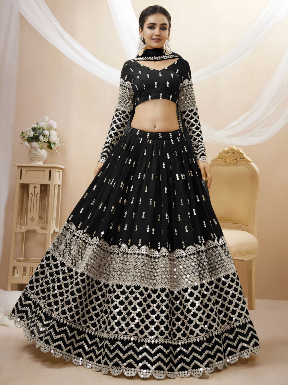 Midnight Black Sequins-Work Lehenga
