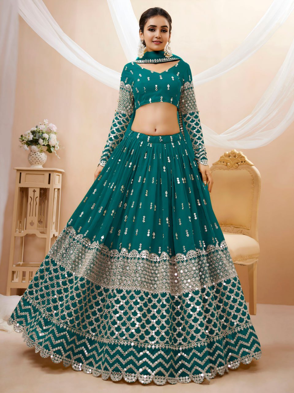 Teal Green Sequins-Work Lehenga