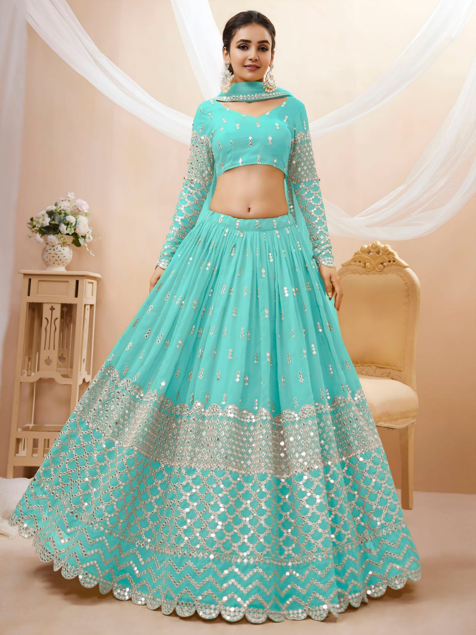 Aqua Blue Sequin-Work Lehenga