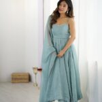 Sky Blue Crunch Silk Hotfix Anarkali Suit with Pant & Dupatta