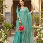 Blue & Pink Pure Gmy Silk Embroidered Kurti Plazzo Dupatta Set with Bell Sleeves