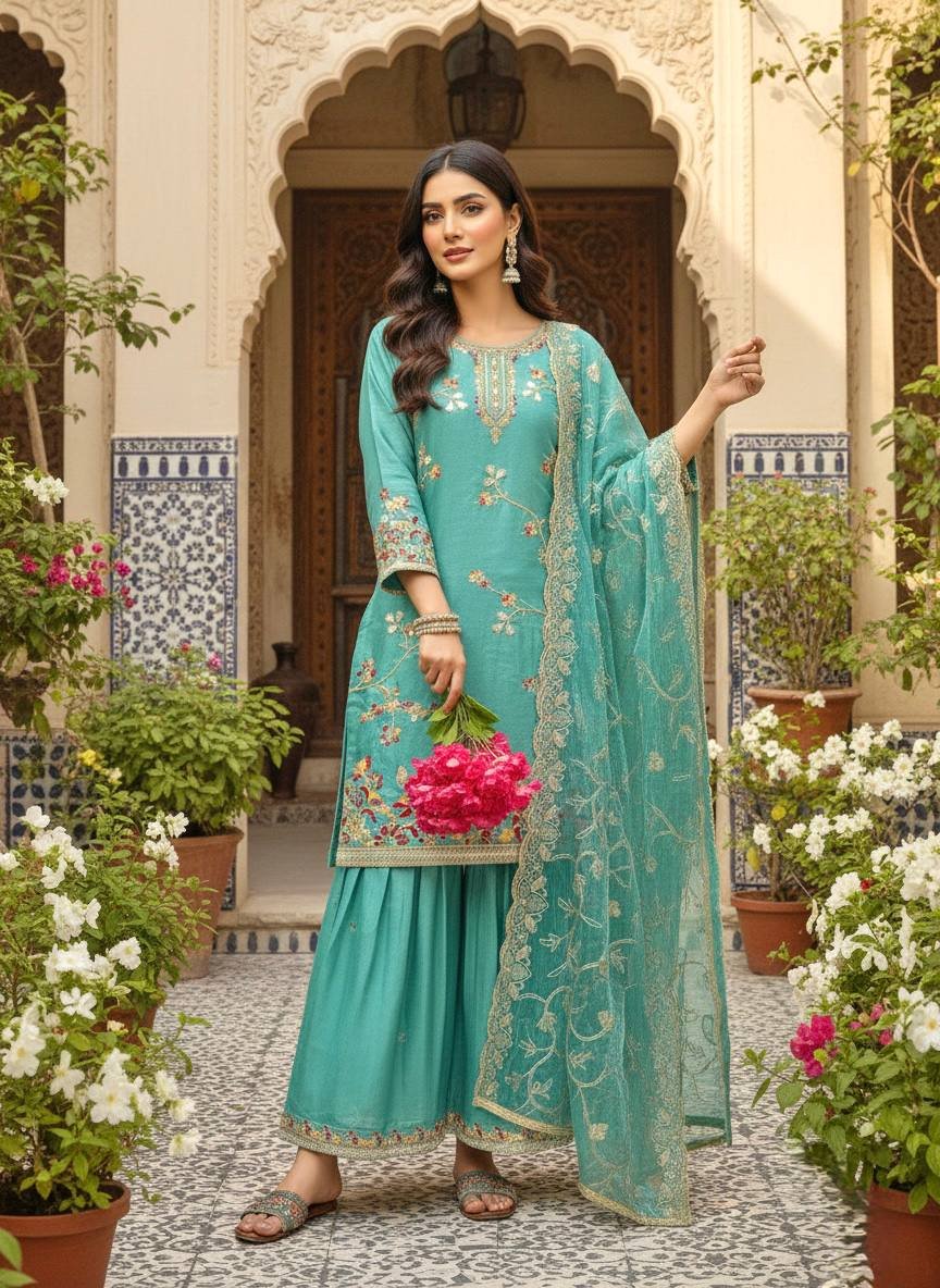 Blue & Pink Pure Gmy Silk Embroidered Kurti Plazzo Dupatta Set with Bell Sleeves