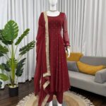 Maroon Faux Georgette Mukesh Work Anarkali Set