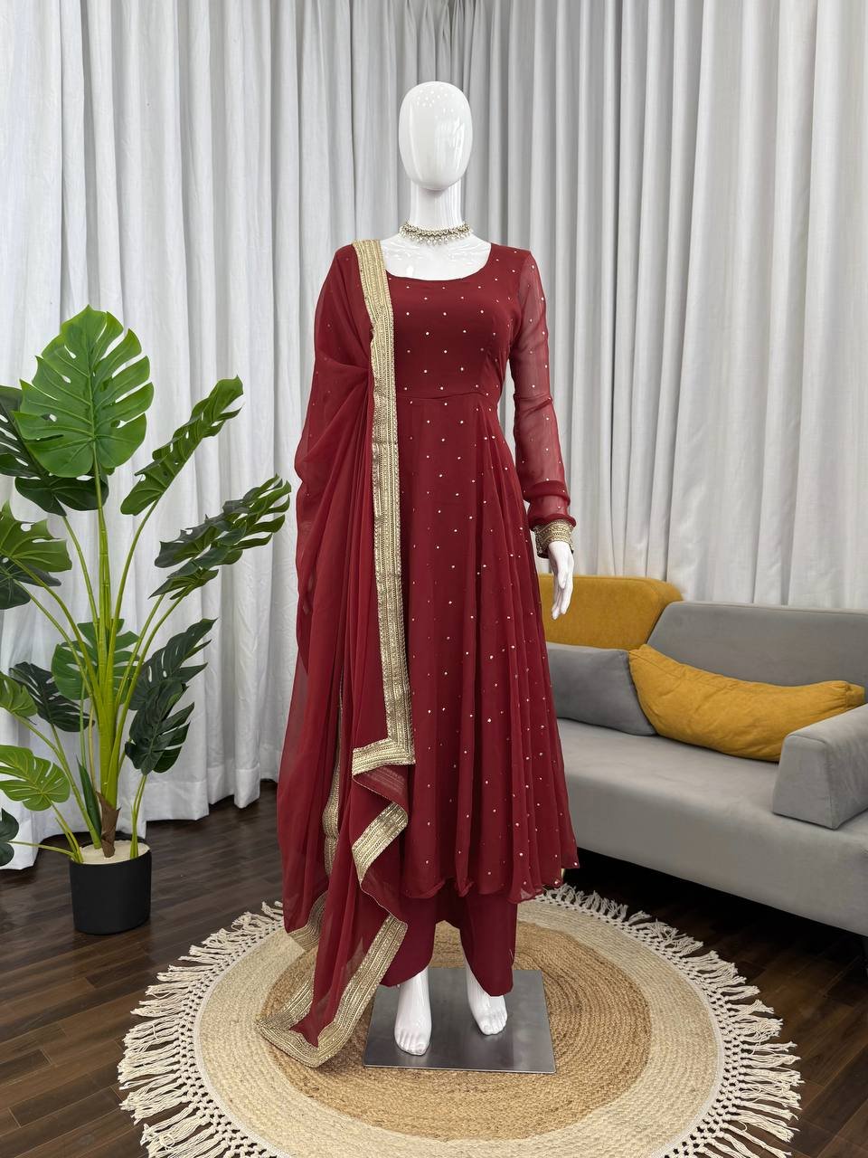 Maroon Faux Georgette Mukesh Work Anarkali Set