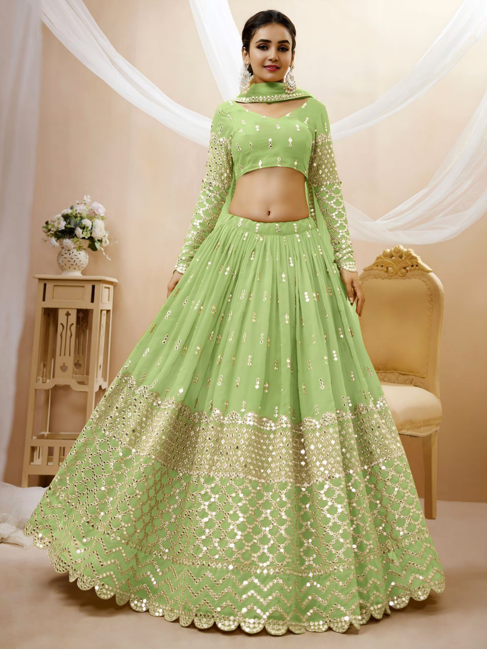 Pistachio Green Sequin-Work Lehenga