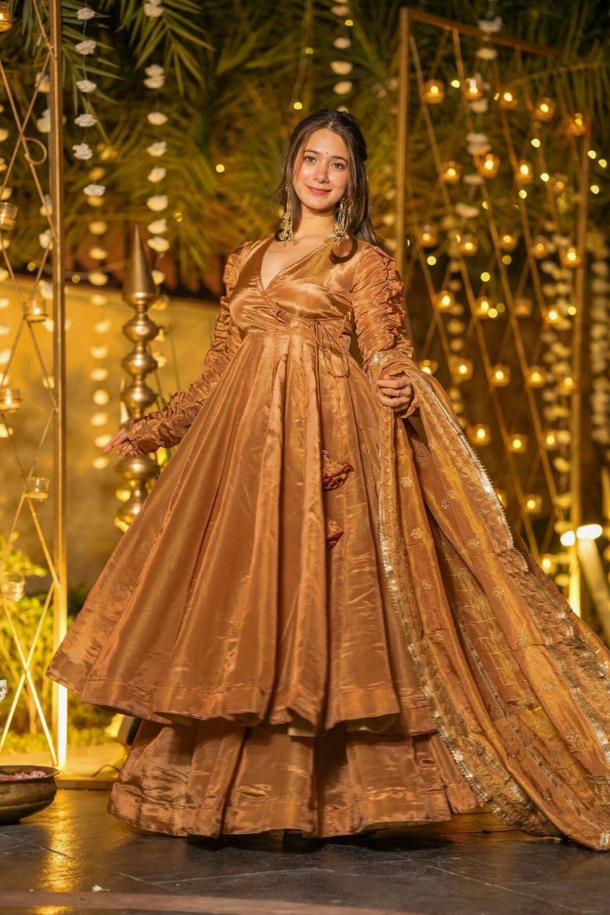Brown Heavy Fendy Silk Anarkali Plazzo Dupatta Set with Embroidered Dupatta