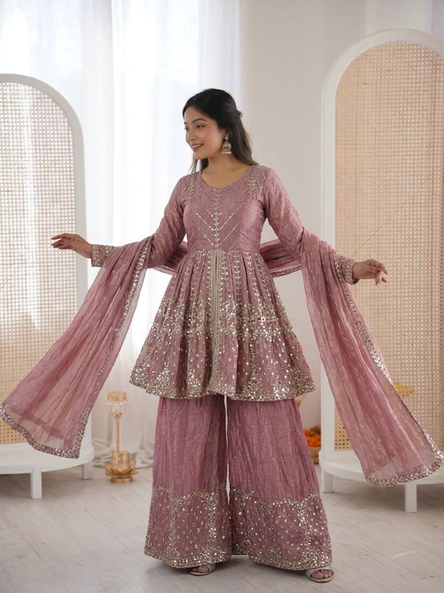 Light Pink & Light Green Fendy Silk Top Plazzo Set with Embroidery Sequence Work