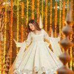 Off White Heavy Chinnon Silk Anarkali Plazzo Dupatta Set with Mukesh Work