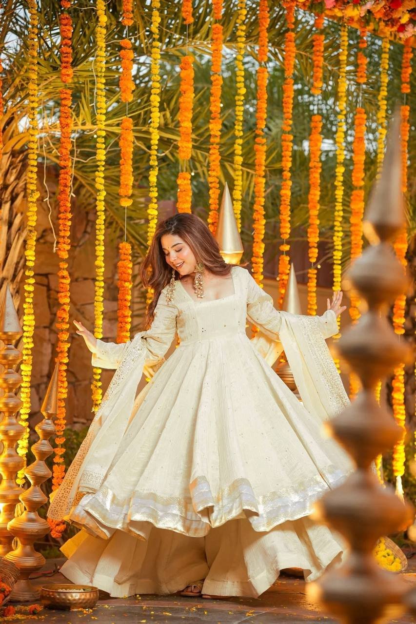 Off White Heavy Chinnon Silk Anarkali Plazzo Dupatta Set with Mukesh Work