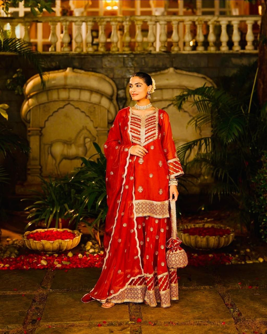 Red & Yellow Faux Georgette Embroidered Top Palazzo Dupatta Set