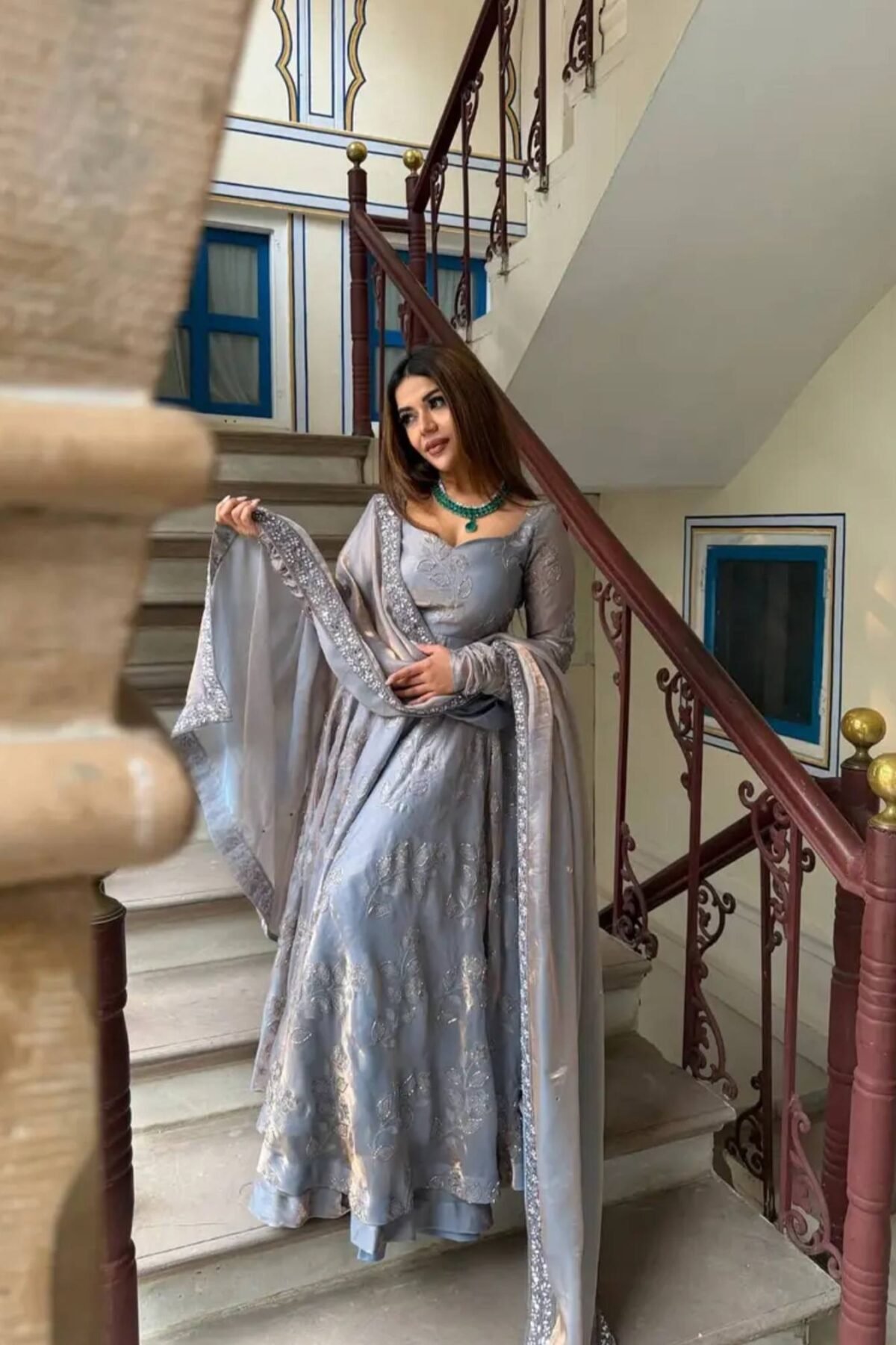 Grey Fandy Silk Anarkali Suit with Hand Work & Embroidered Dupatta