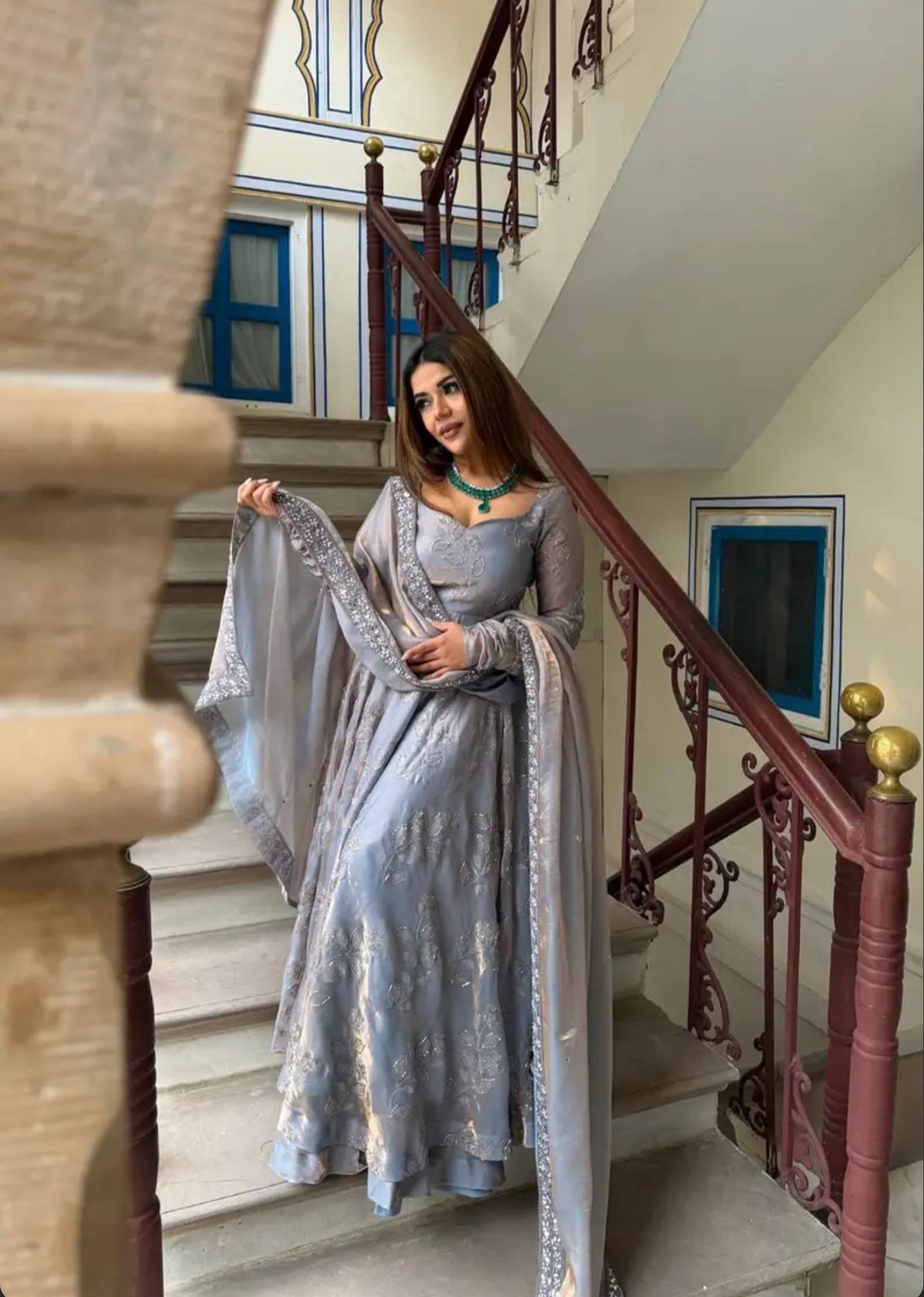 Grey Fandy Silk Anarkali Suit with Hand Work & Embroidered Dupatta