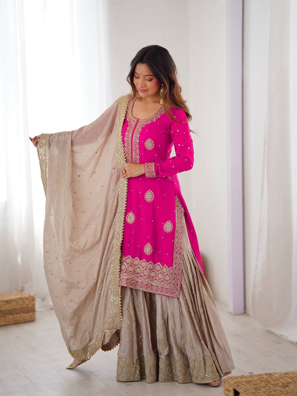 Chinon Silk Embroidered Top Sharara Dupatta Set with Pearl Work
