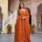 Orange & Blue Fandy Silk Embroidered Anarkali Set with Dupatta & Bottom