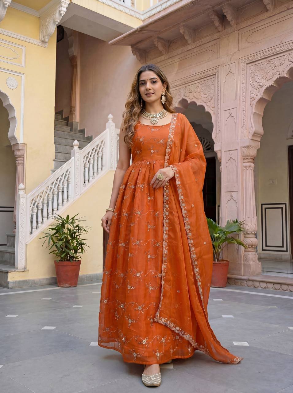 Orange & Blue Fandy Silk Embroidered Anarkali Set with Dupatta & Bottom
