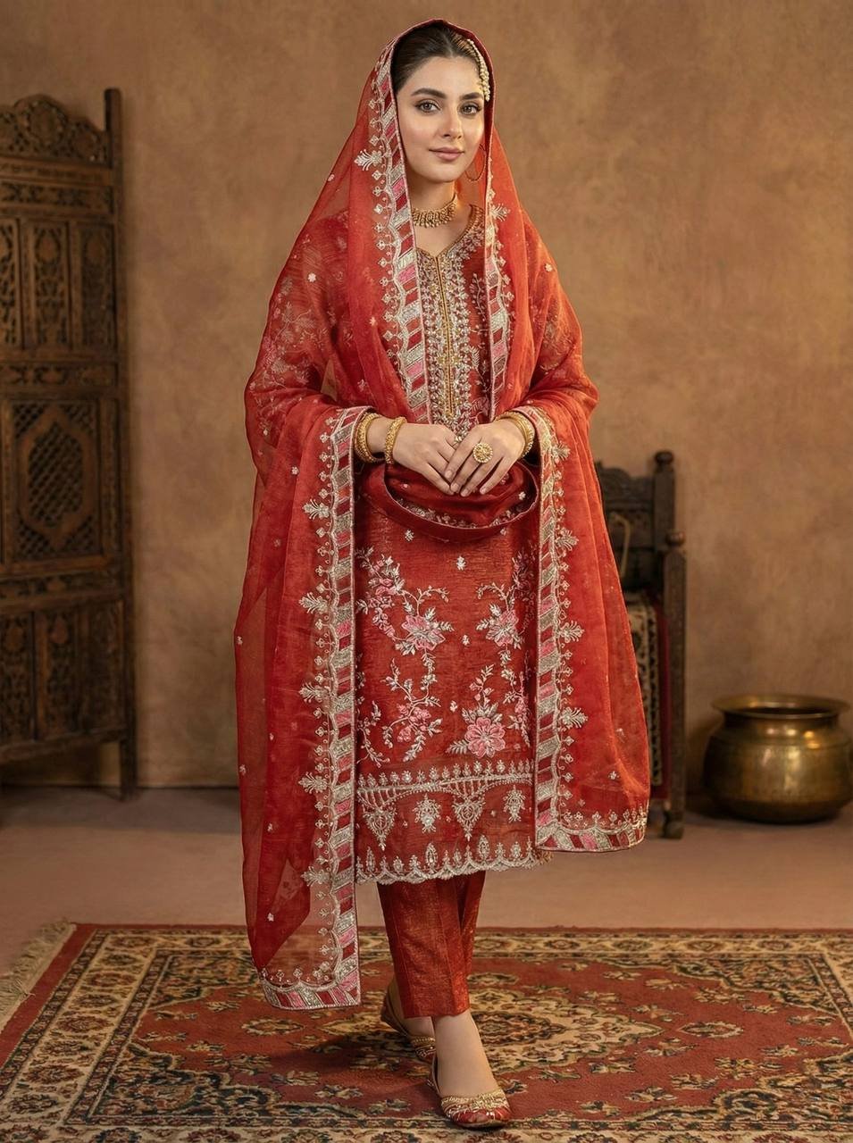 Orange Pure Crunchy Silk Embroidered Top Pant Dupatta Set