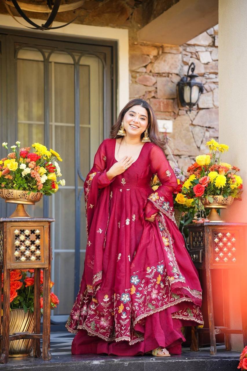 Rani Heavy GMY Silk Anarkali Plazzo Dupatta Set with Thread & Sequin Work