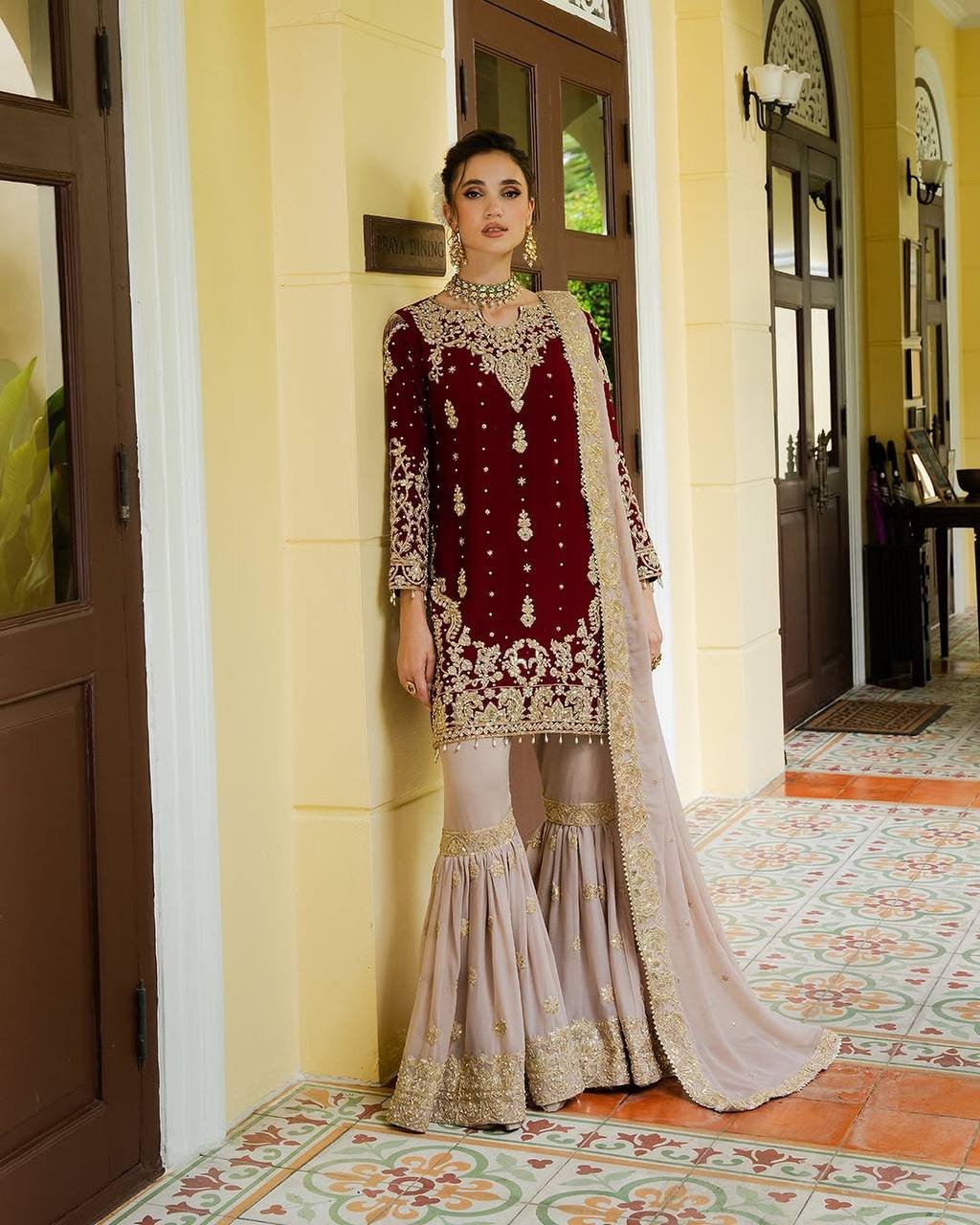 Heavy Faux Georgette Embroidered Top Sharara Dupatta Set