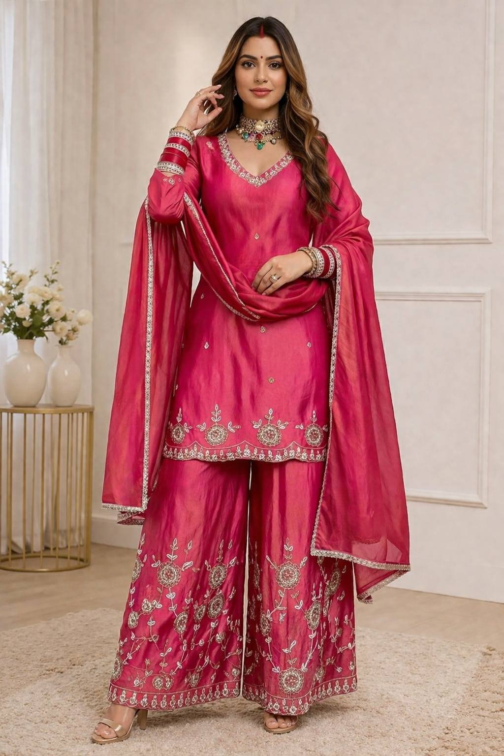 Pink Shimmer Silk Top Plazzo Set with Sequence Embroidery Dupatta