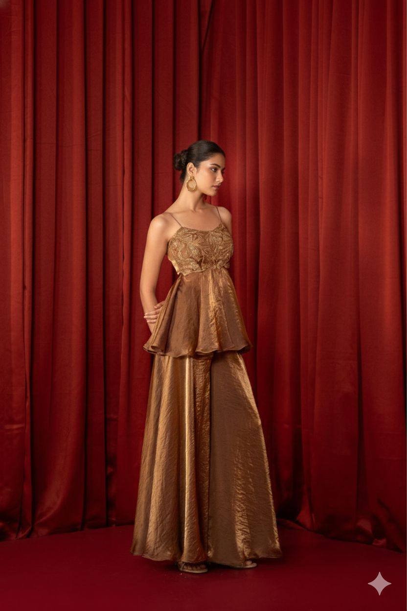 Bronze JC Silk Top Palazzo Dupatta Set with Sequence Embroidery