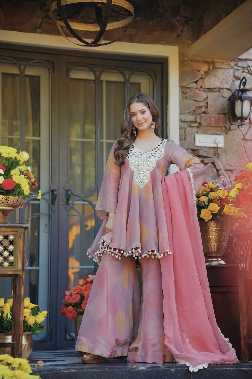 Light Pink Heavy Cosmos Silk Anarkali Palazzo Set with Mirror Work
