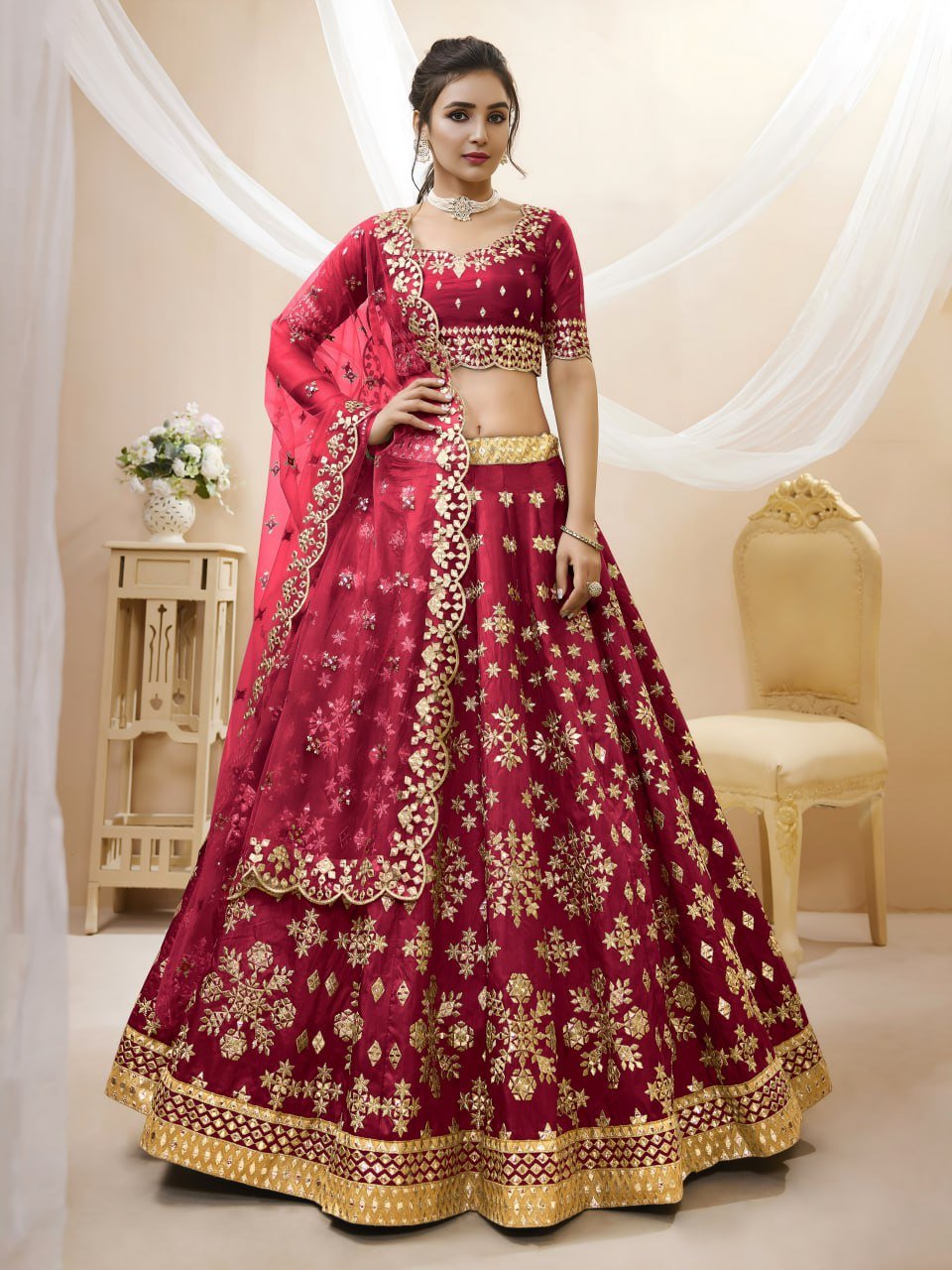 Royal Red Foil Embroidered Lehenga Set