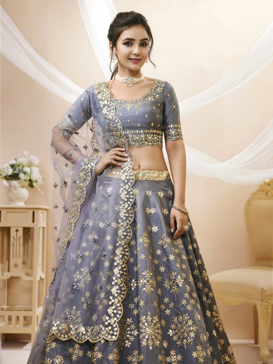 Royal Grey Foil Embroidered Lehenga Set