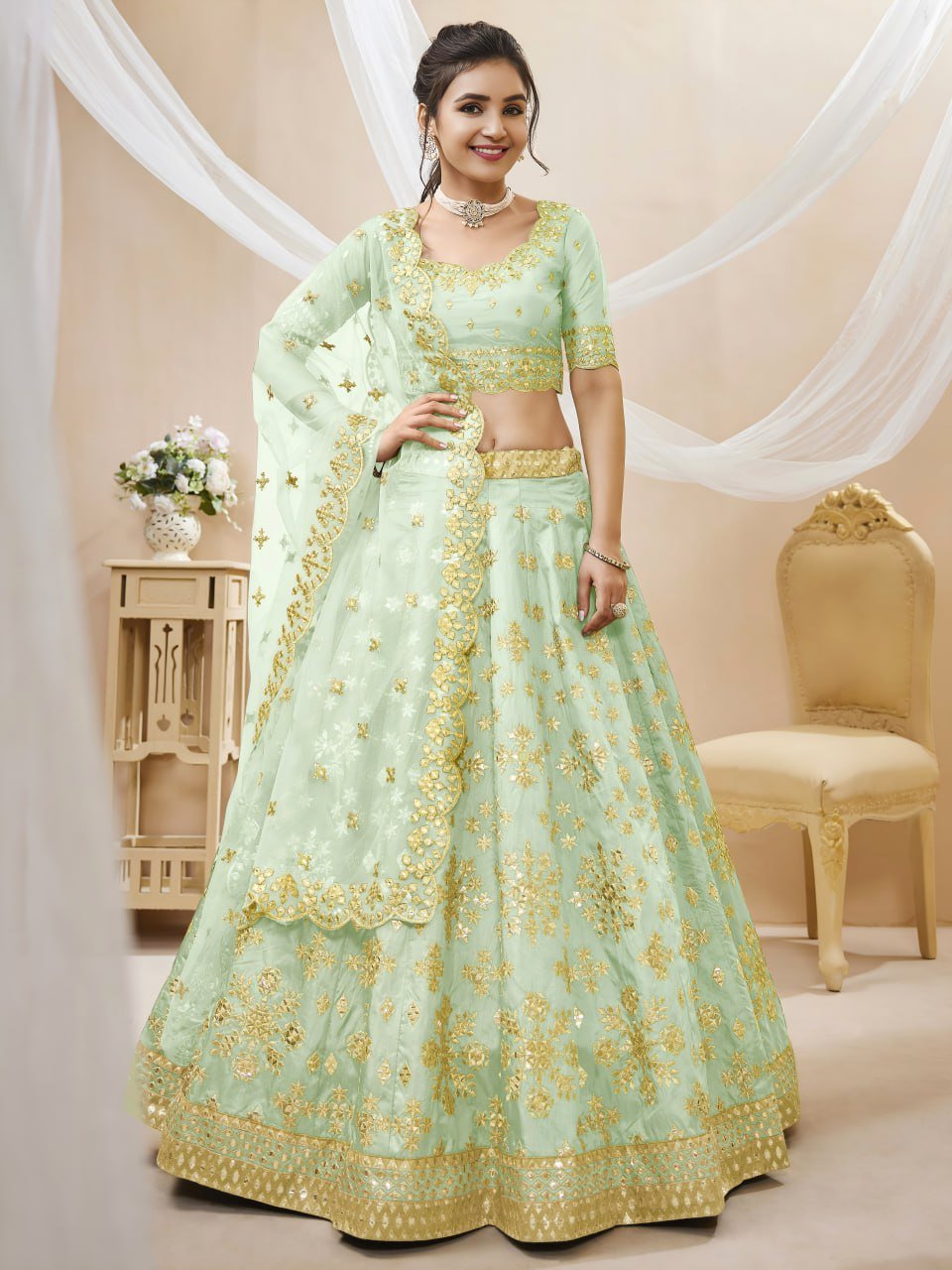 Royal Pista Foil Embroidered Lehenga Set