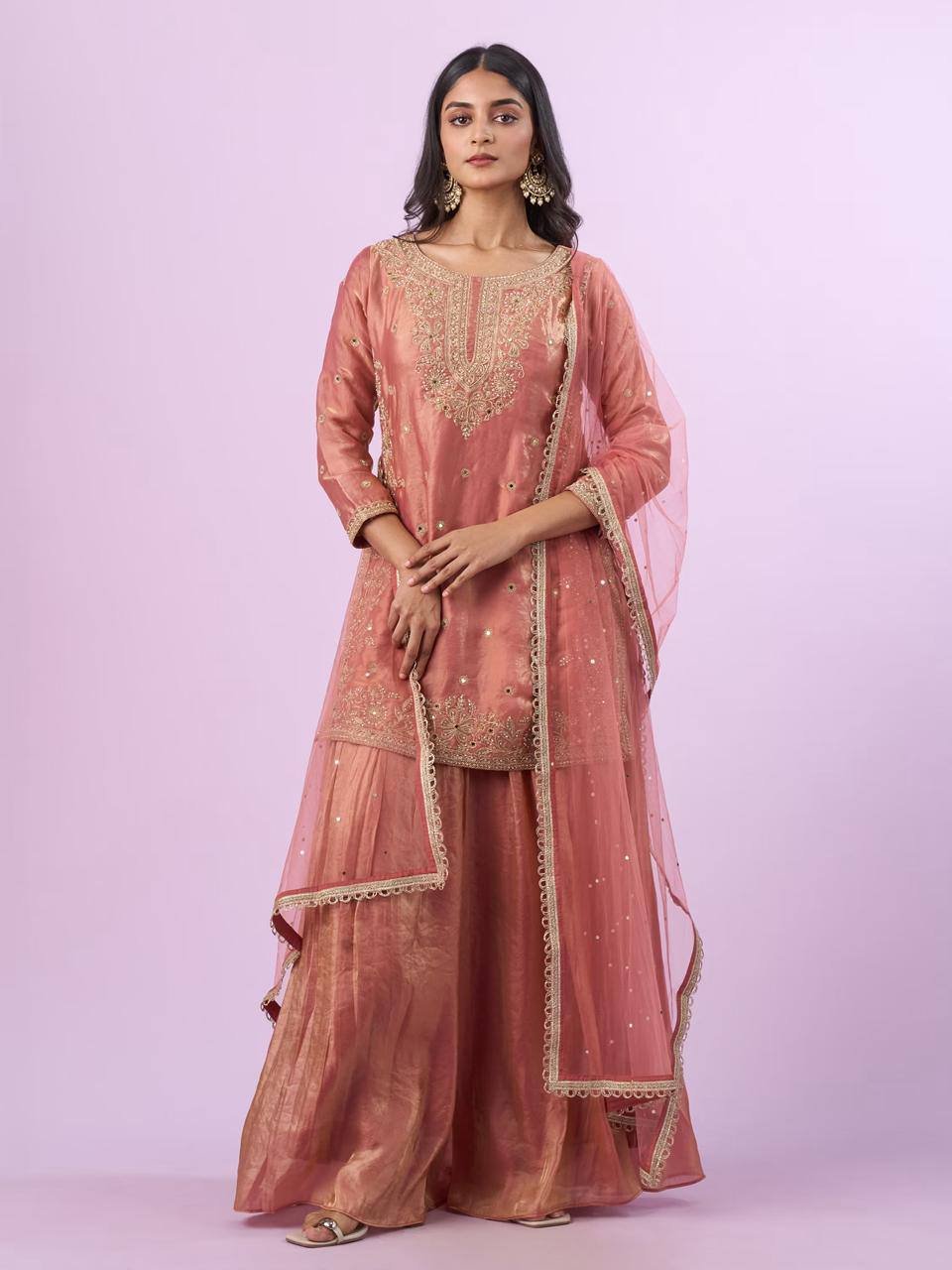 Fandy Silk Embroidered Top Palazzo Dupatta Set