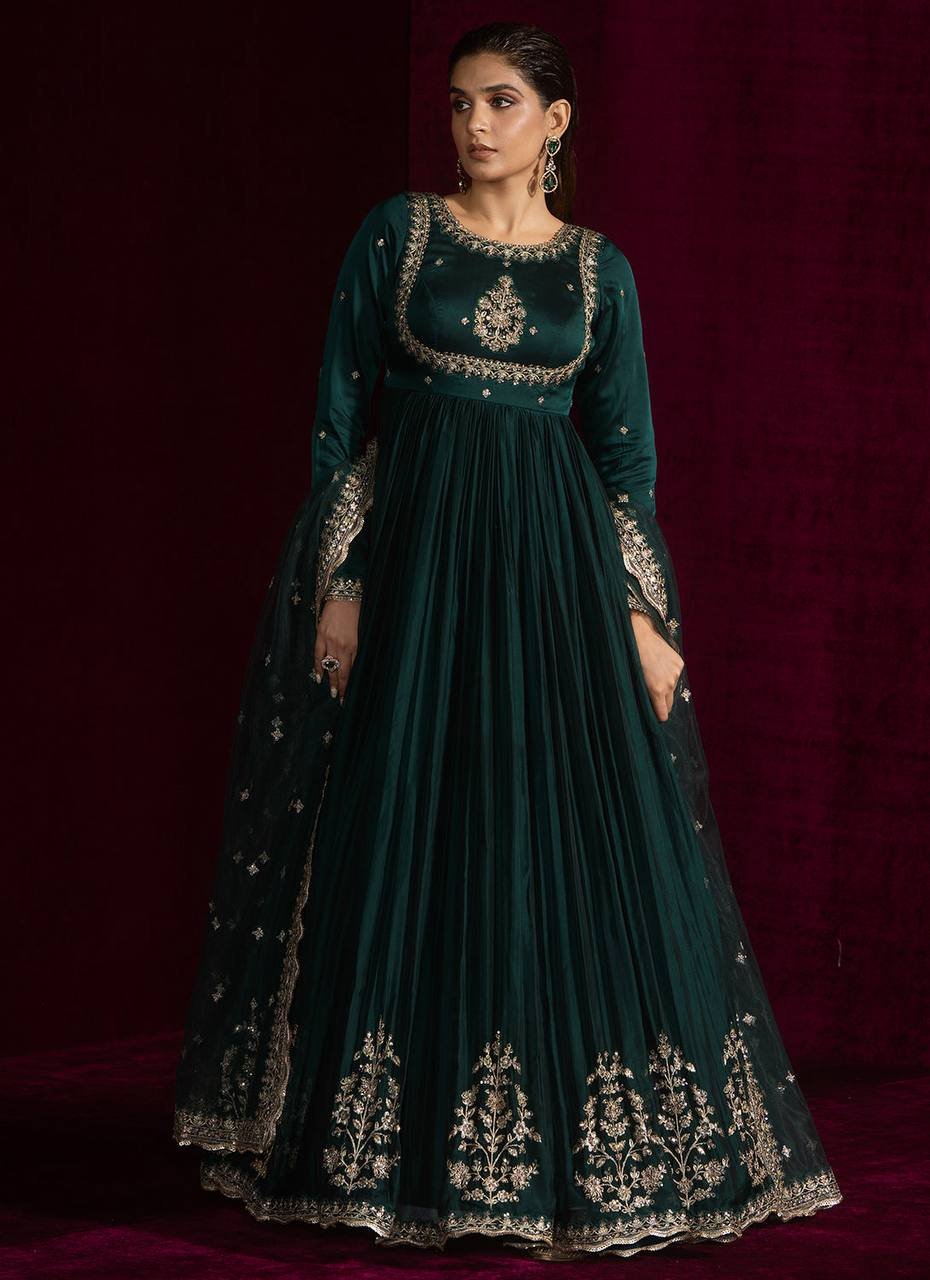 Teal Japan Satin Anarkali Set with Pant & Dupatta