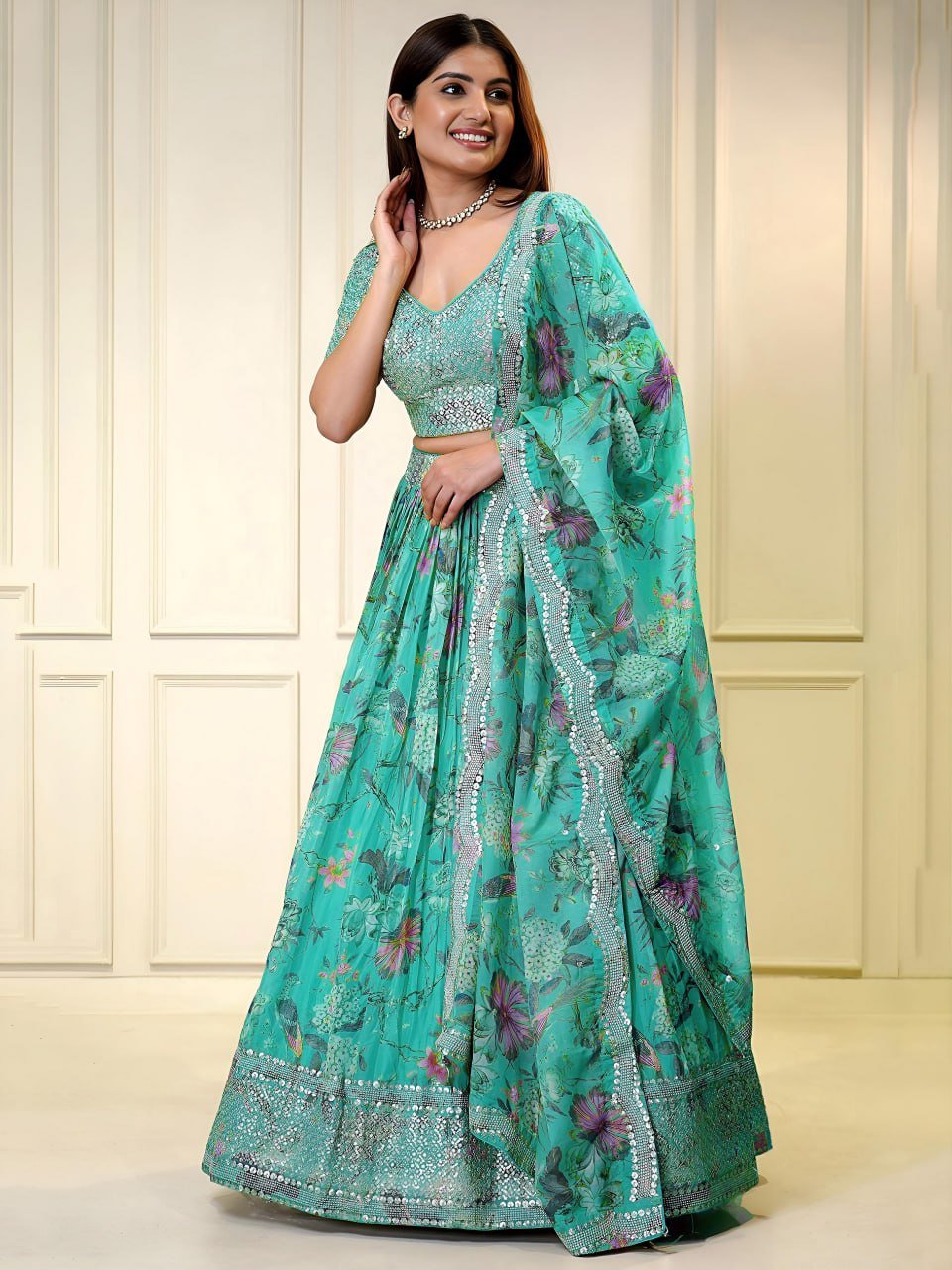 Blue Floral Shimmer Lehenga