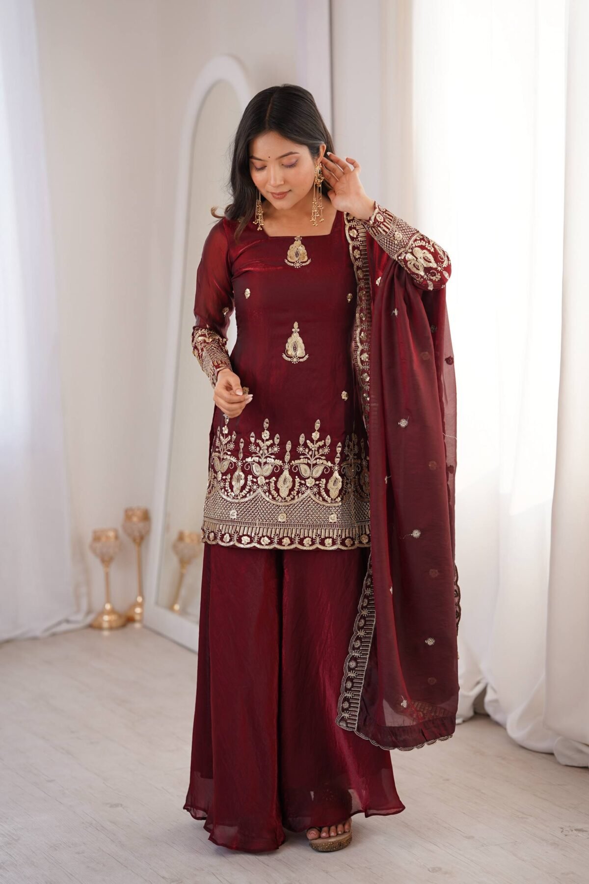 Maroon Fendy Silk Sharara Palazzo Set with Embroidery Sequence Work