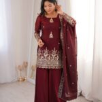 Maroon Fendy Silk Sharara Palazzo Set with Embroidery Sequence Work