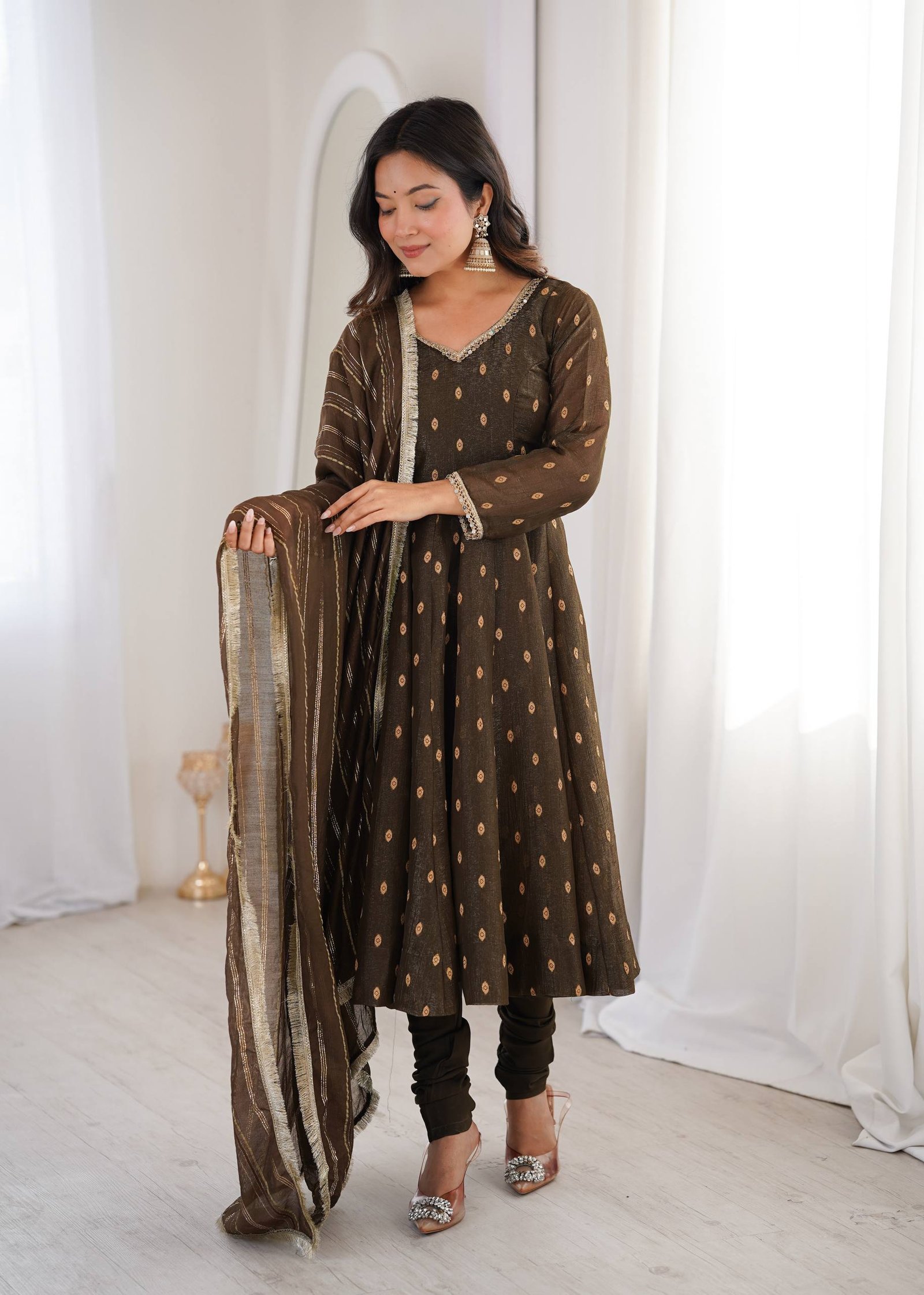 Crunchy Silk Anarkali Set with Jacquard Butti & Lace Work