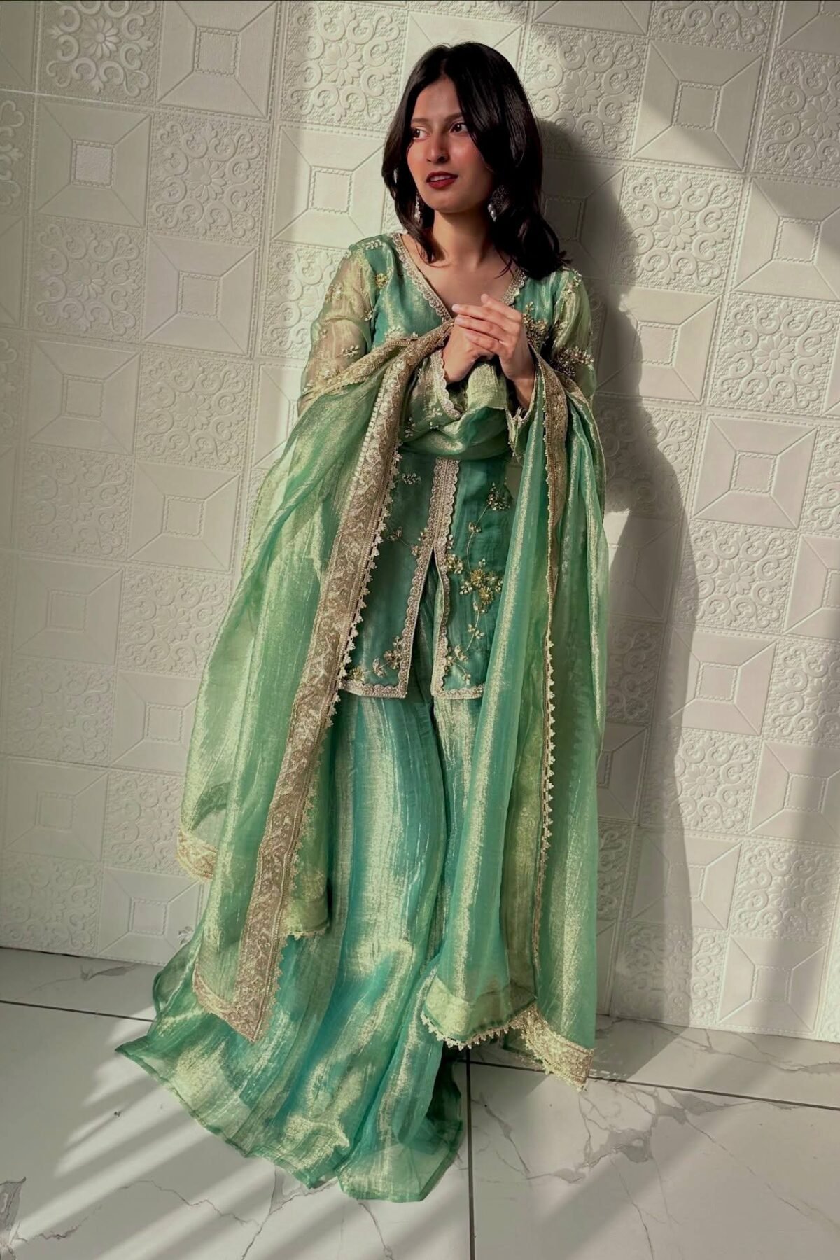 Green Pure Fendi Silk Top Palazzo Dupatta Set with Heavy Embroidery