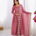 Gold Crush Silk Anarkali Set with Heavy Embroidery Sequence Work