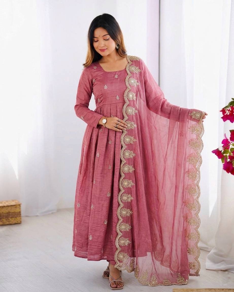 Gold Crush Silk Anarkali Set with Heavy Embroidery Sequence Work