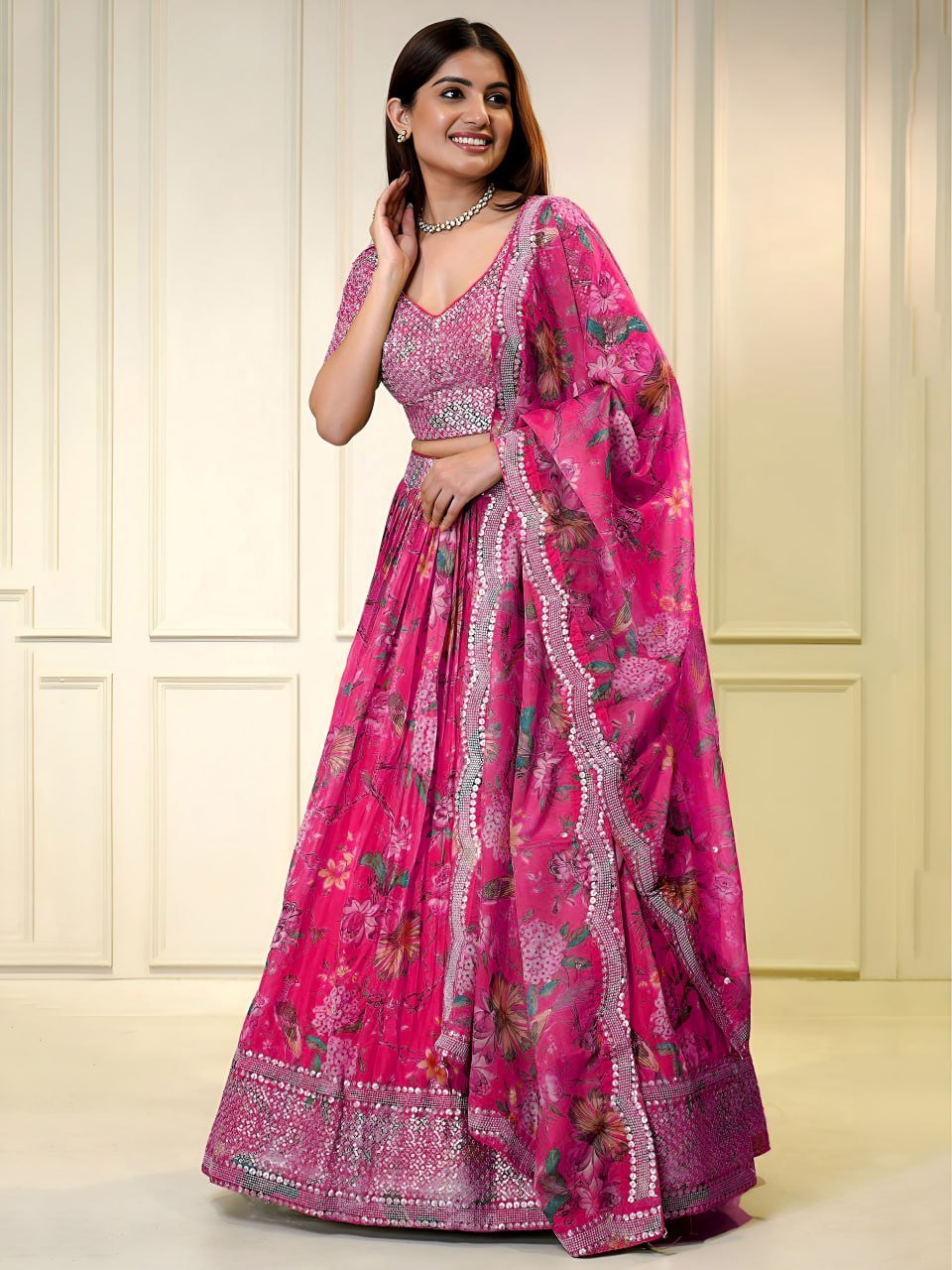 Pink Floral Shimmer Lehenga