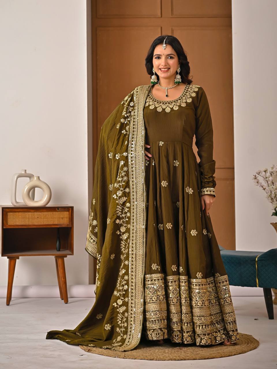 Mehendi Green Vichitra Silk Anarkali Suit with Sequins & Embroidery